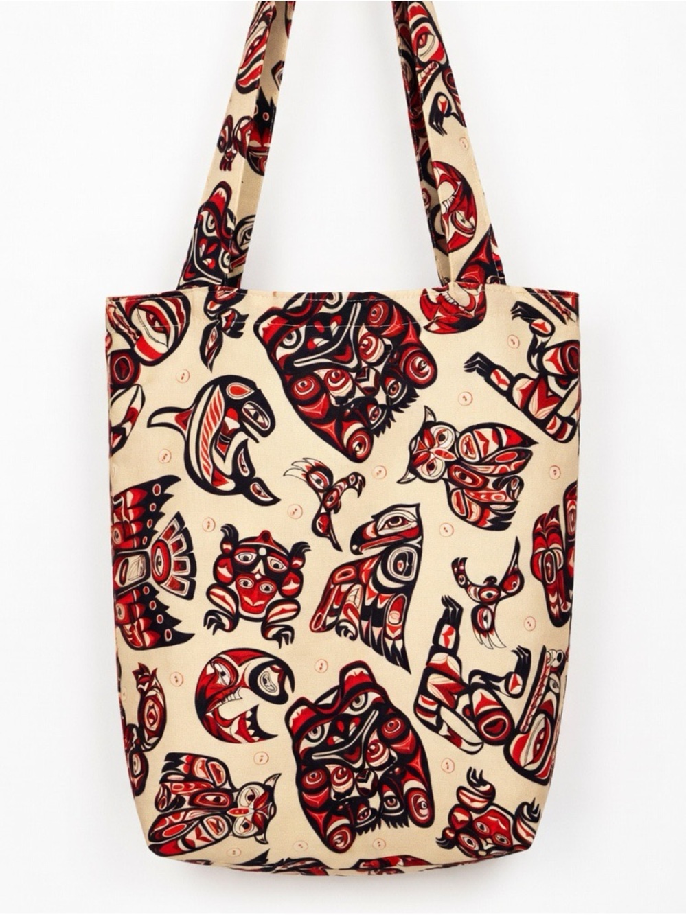 Canvas Tote Bag in Beige with Red & Black Indigenous Motif